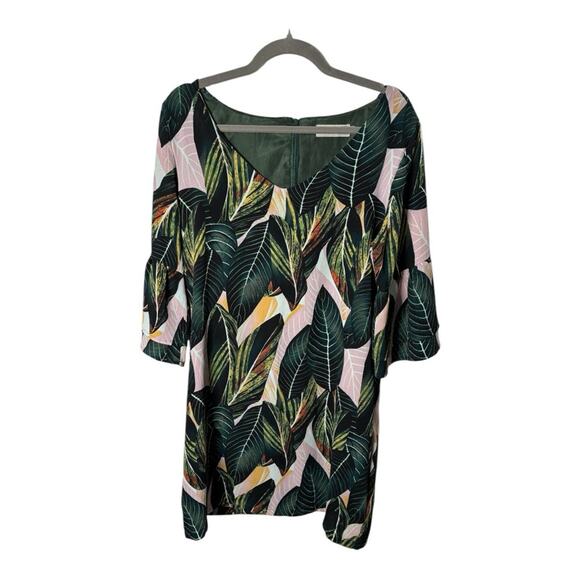 Belongsci Green Tropical Print Dress With V Neckline and Zippered Back Sz Med - Picture 1 of 6